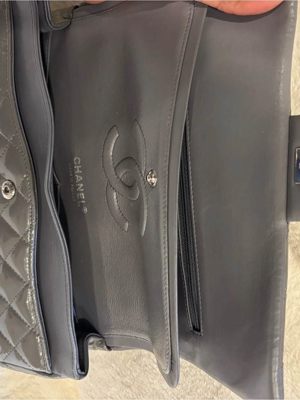 CHANEL Quilted Patent Leather Shoulder Bag in Gray